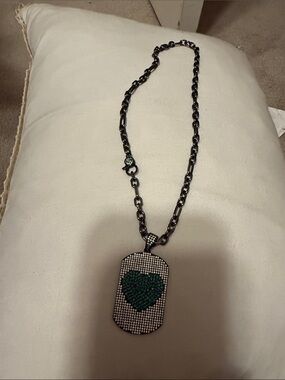 Gunmetal Dog Tag Necklace with Green Crystal Heart